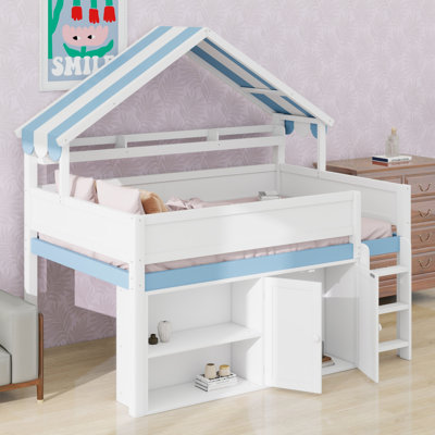 Loft Bed with Canopy Roof  and Storage Cabinet, Perfect for Bedrooms and Playrooms