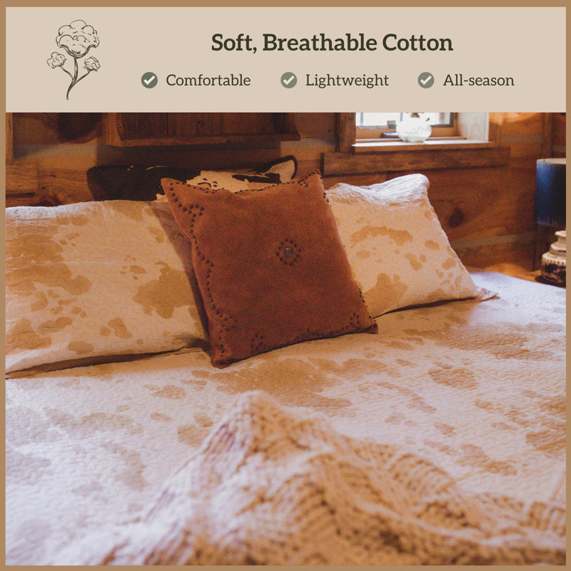 Elsa Cowhide Cotton Cow Print Western Rustic Farmhouse Quilt Set, Queen Quilt + 2 Standard Shams, Light Tan