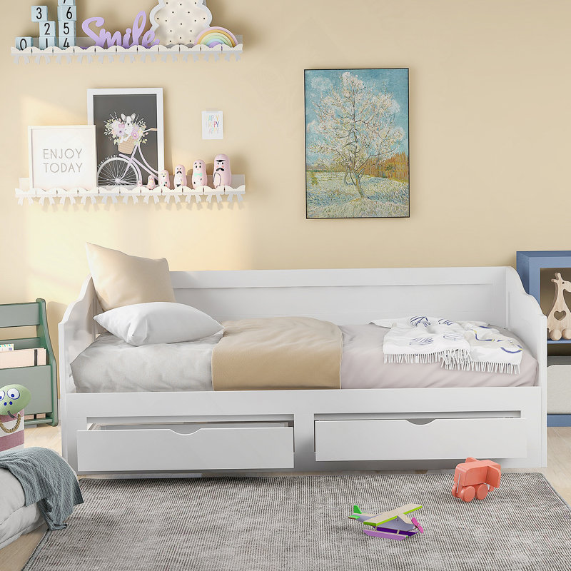 Wooden Daybed with Trundle Bed and Two Storage Drawers, Extendable Bed Daybed