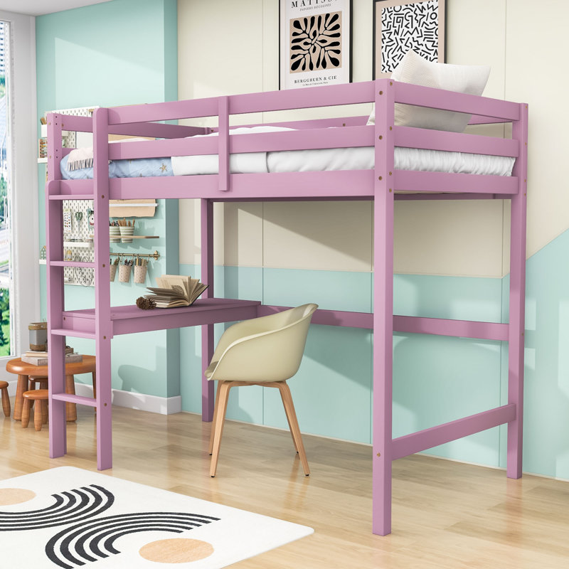 Lit mezzanine simple en bois avec bureau intégré et échelle, Rose