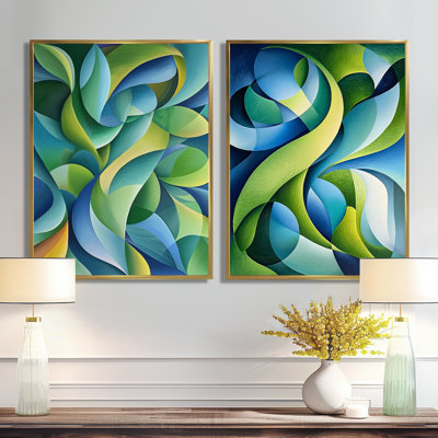 Collage de feuilles organiques vertes et bleus I - décoration murale moderne abstraite 2 pièces