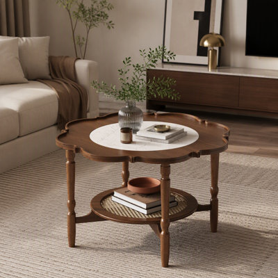 Table basse de style Mid-Century avec plateau en verre à motif craquelé en forme de pétale, table basse à deux niveaux avec rotin