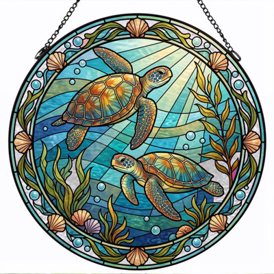 Sea Turtle Stained Glass Window Panel，12"H