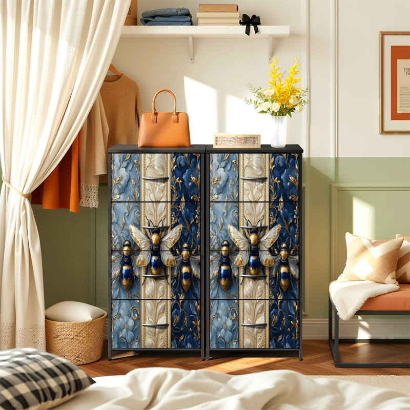 Commode pour la chambre à coucher avec 4 tiroirs de rangement Élégantes abeilles dorées, crème bleue, motif floral en relief commode Commode en acier avec cadre pour garde-robe