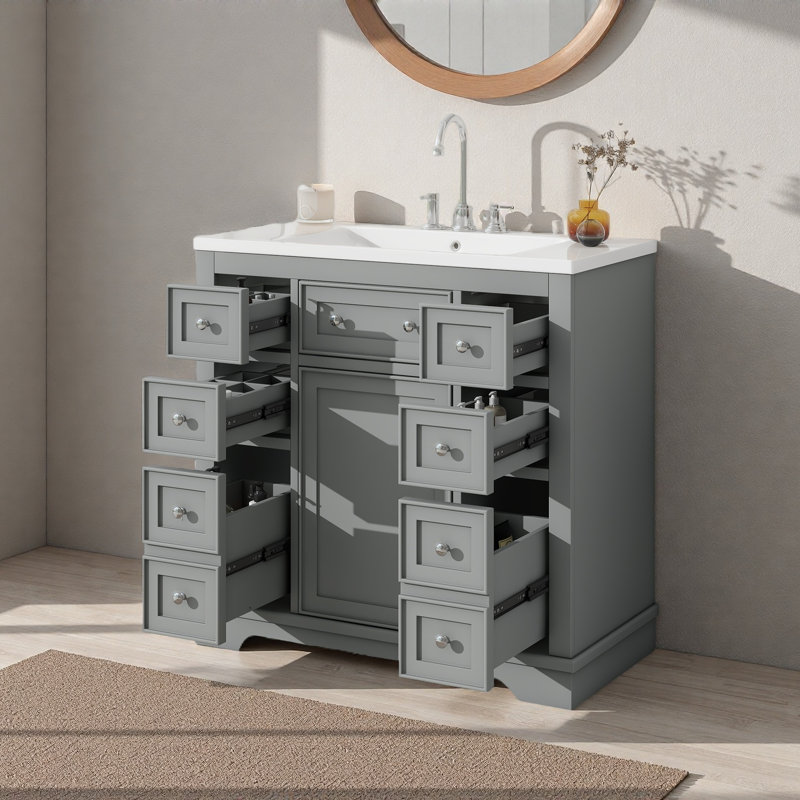 Ensemble de meuble-lavabo pour salle de bain avec lavabo, une armoire et six tiroirs, bois massif et panneau de fibres à densité moyenne