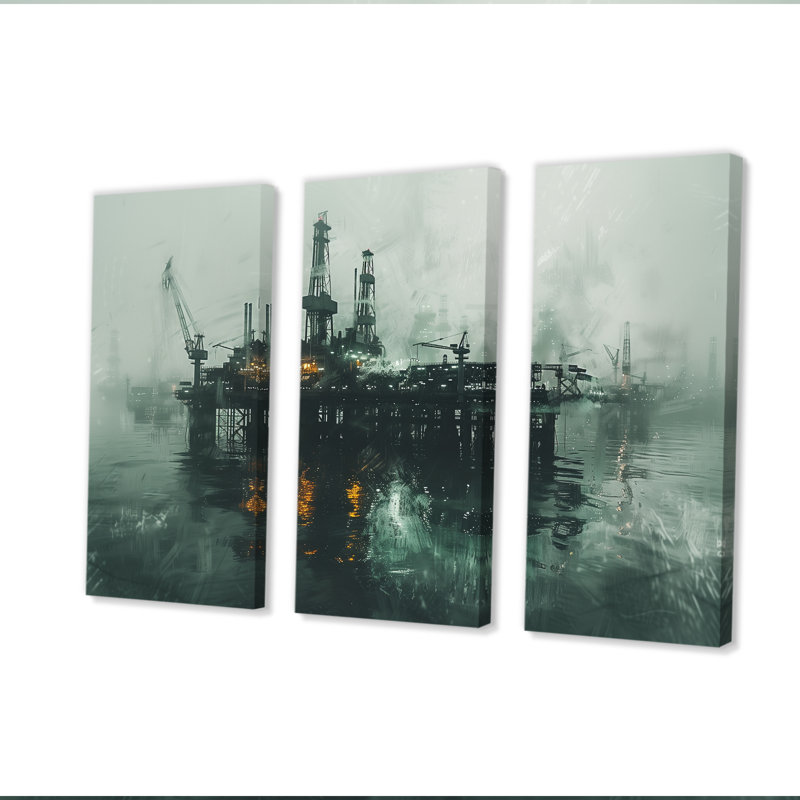 Ensemble de décorations murales gris et vert Winter Drilling Dynamics Oil Rig II, H 32 po x l 48 po x P 1 po