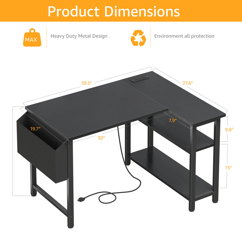 Built-in Outlets / USB L-Shaped Desk Computer Desk, 28.9" H x 39.5" W x 27.6" D, Black/Black
