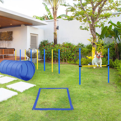 4Pc Canine Training Obstacle Kit - Jump Hurdle, Tunnel, Pause Box, Weave Poles & Travelling Bag Blue/Yellow. Strengthen Relationship Level, Safe , Lightweight Arrangement Procedure Dog Agility