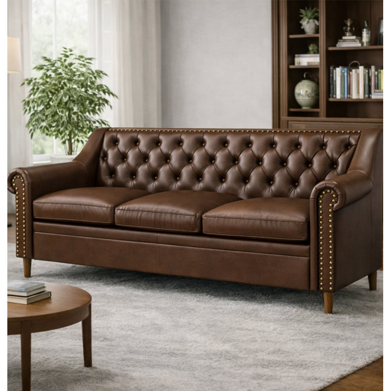 78.7" Leather Rolled Arm Sofa, Espresso Brown