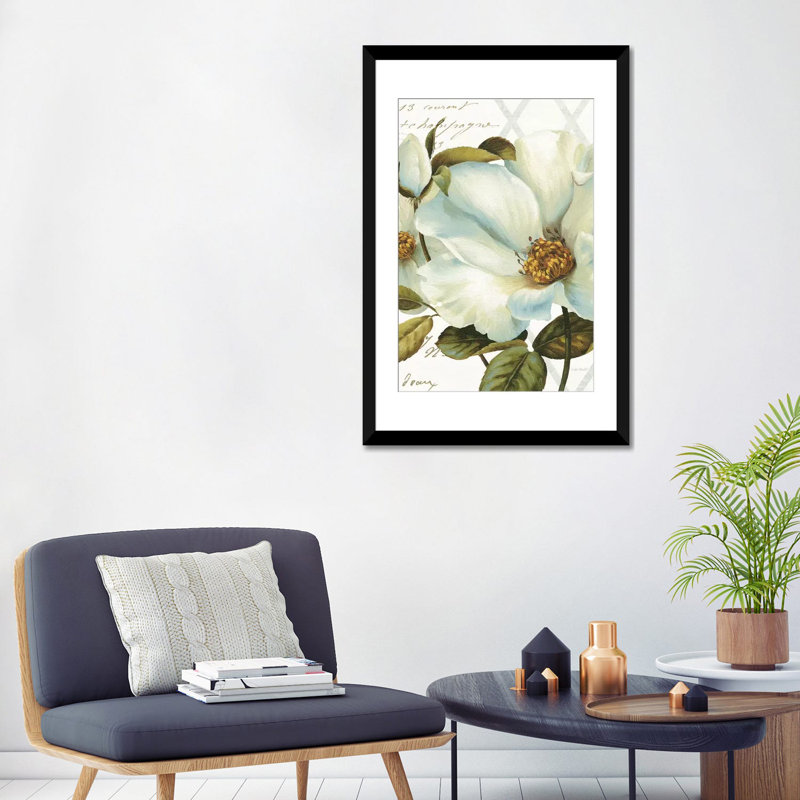 « white floral bliss ii », reproduction sur toile, H 24 po x l 16 po x P 1 po, Papier d'art encadré noir, Blanc