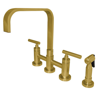 Kingston Brass Manhattan Two-Handle 4-Hole Deck Mount Bridge Kitchen Faucet with Brass Side Sprayer