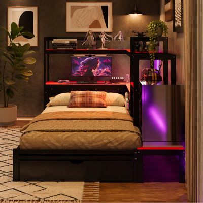 Twin Size Gaming Daybed with Integrated Desk and LED Light, Modern Wooden Bed Frame with 3 Storage Drawers and Built-in Charging Station, Multi-Functional Headboard Bookcase, Black+Red