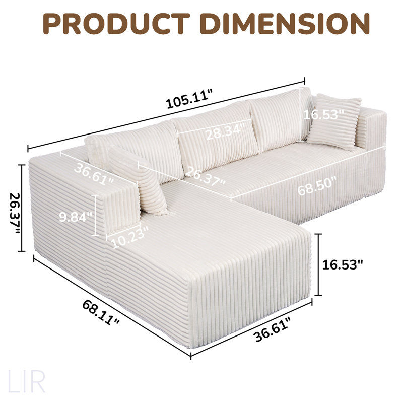 105" L-Shaped Modular Compression Sofa, Plush Upholstery, All-Foam Structure (No Springs),Vacuum-Packed, Space-Saving For Living Room, Bedroom, Apartment  ( Chaise)