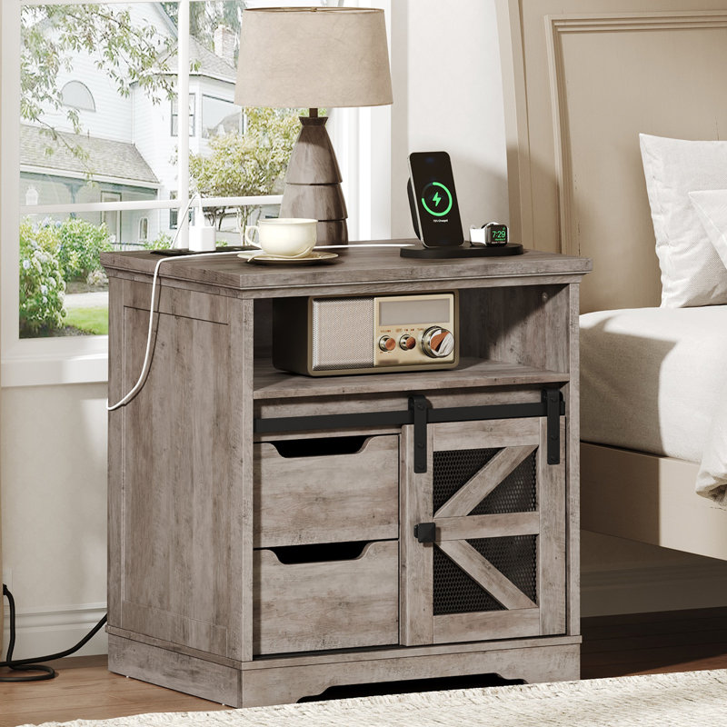 Brisson 23.6"W Farmhouse End Table with 2 Drawers and Charging Station, Gray