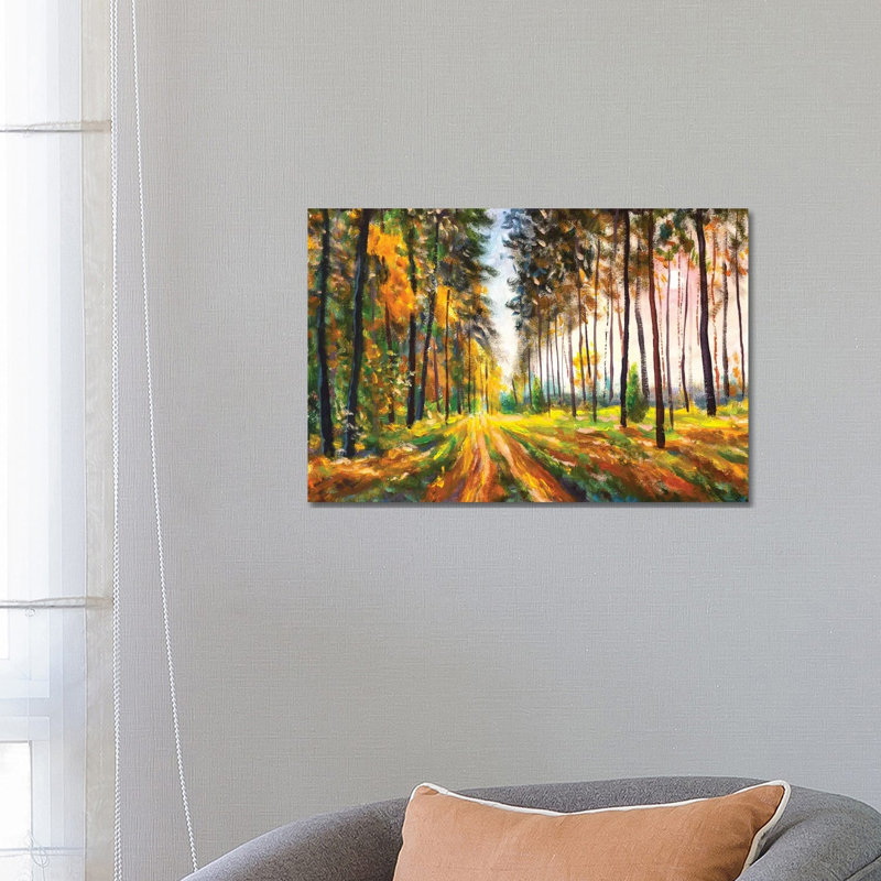 Green And Yellow Leaves On Trees In Woodland by Valery Rybakow - Painting on Canvas, 20.32 cm H x 30.48 cm W, Wrapped Canvas