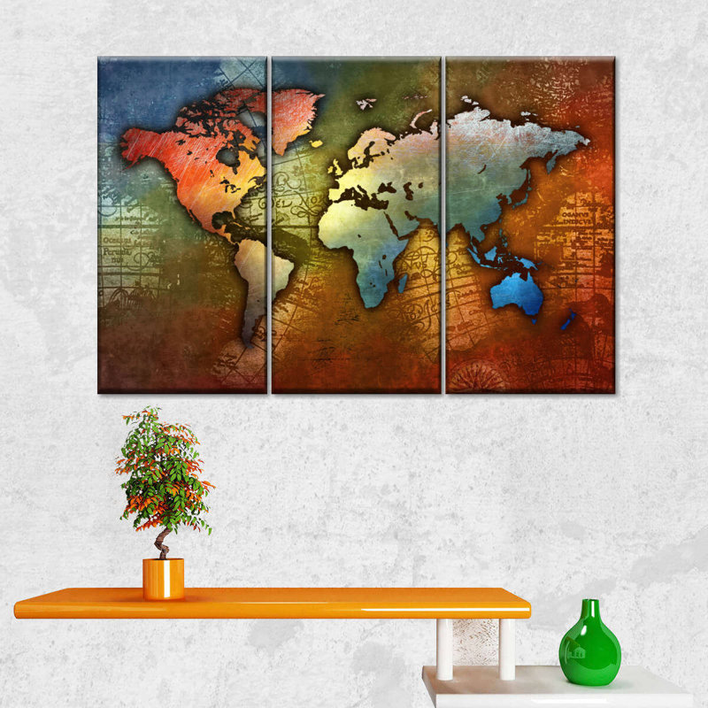 Carte du monde colorée en métal - 3 impressions sur toile tendue, H 36 po x l 57 po x P 1,25 po