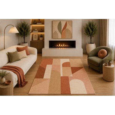 Tapis ultra-léger 152 x 213 cm (5 pi x 7 pi) de style moderne mi-siècle, motif géométrique abstrait en arche, coloris terracotta, pêche et beige, idéal pour le salon, la chambre ou le bureau. Dos en silicone antidérapant. Poils courts.