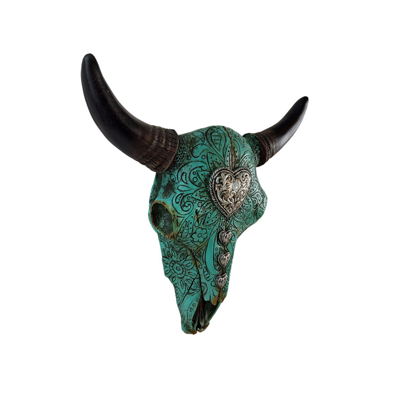Paisley Turquoise Floral with Concho Heart Distressed Carved Cow Bull Skull Hanging Wall Décor