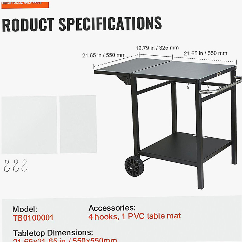 Outdoor barbecue food cart, with double-tier stand, movable barbecue food preparation table, multi-functional folding metal table, portable modular trolley, suitable for pizza oven, two-wheeled work station with handle