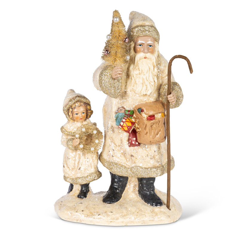Père Noël en papier mâché avec sapin et enfant, 28 cm de hauteur