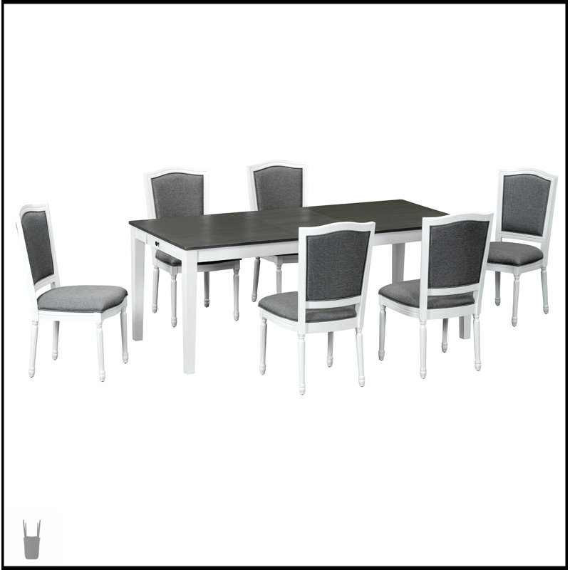 Ensemble de salle à manger extensible rustique 7 pièces avec rallonge amovible, chaises rembourrées et tiroirs intégrés, gris foncé et blanc