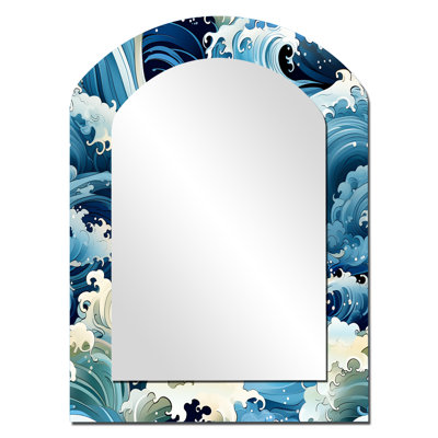 Eau éléments - miroir asymétrique vague japonaise, miroir mural décoratif arche bleue, impression d'art en métal