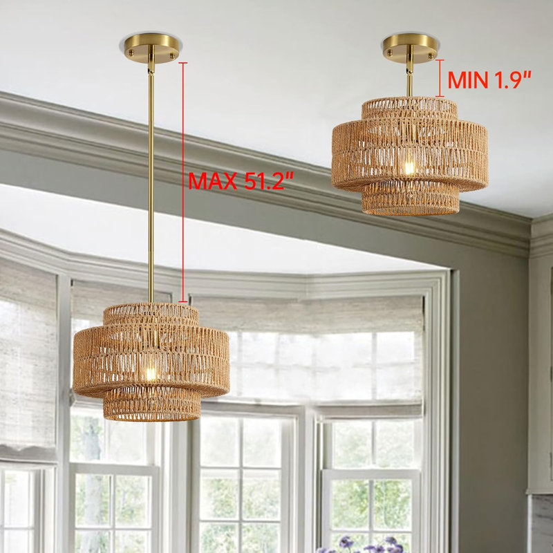 12.4" Boho Rattan Chandelier, Handwoven Pendant Light Fixture With Adjustable Height, Gold-Plated Drum, E26 Socket, For Farmhouse, Kitchen, Bedroom, Dining Room, Living Room, Entryway
