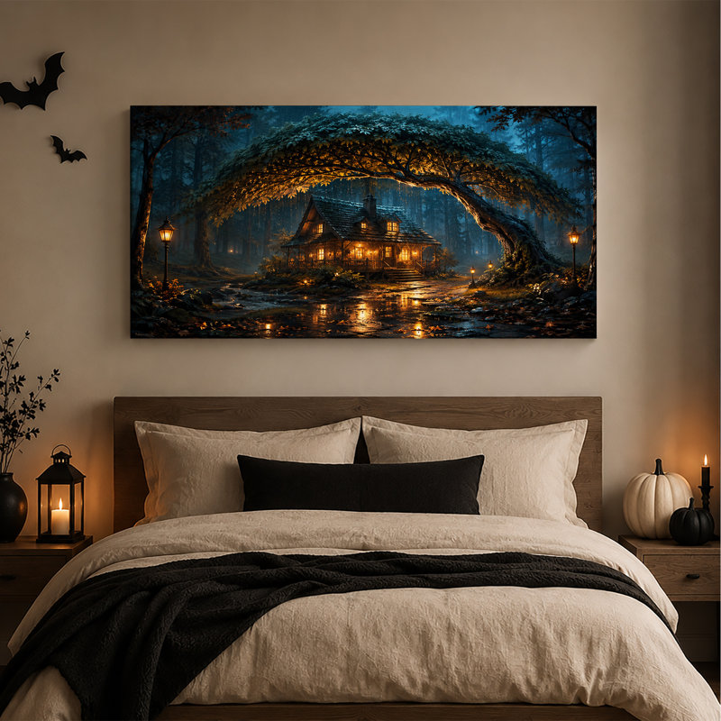 Lit Cabin Under Arching Tree in Forest Halloween Canvas Wall Art, L 32 po x H 16 po