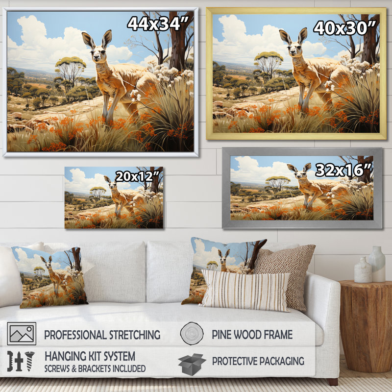 Kangaroo Bound Pastoral I - Animals Canvas Prints, H 16 po x l 32 po, Cadre flottant noir