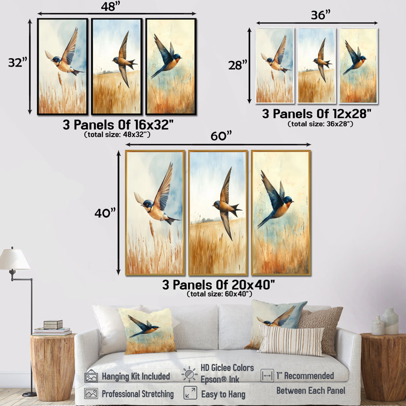 Bird Swallow Over The Fields I - Collection de décorations murales oiseaux, Toile tendue, H 28 po x l 36 po