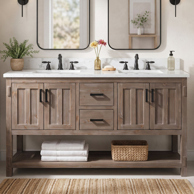 Meuble-lavabo double autoportant Floyd de 60 po avec comptoir en pierre reconstituée, Épinette brune