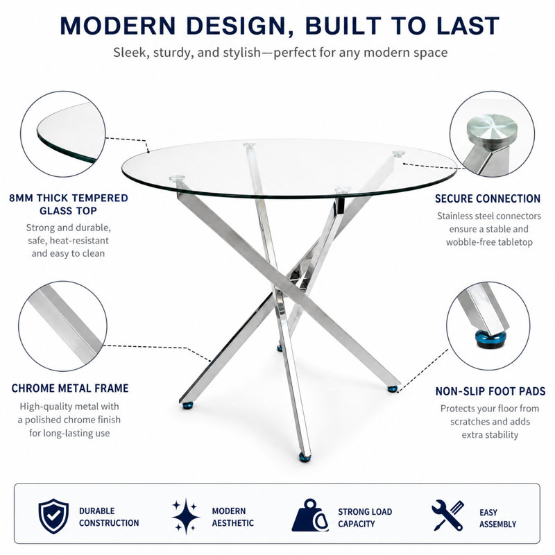 Table de salle à manger ronde moderne en verre trempé avec base en métal