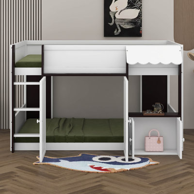 Lit mezzanine pleine grandeur avec maisonnette, lit cabine en bois avec armoire de rangement, porte pour enfants / adolescents, zone de jeu inférieure polyvalente