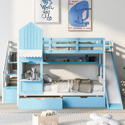 Blue Castle Full-Over-Full Bunk Bed with Slide, 2 Drawers & 3 Shelves, Solid Wood Frame