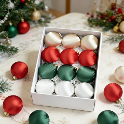 12Pcs Satin Christmas Ornaments – 2.3 Inch Silk Finish Hanging Balls, Luxury Soft Fabric Covered Baubles, 4 Colors (3 Each), Shatterproof & Reusable for Xmas Tree, Winter Holiday, Wedding, Party, Year-Round Home Decor