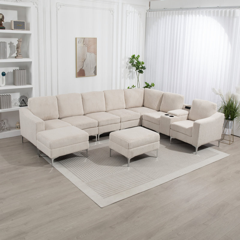 Canapé modulaire convertible en velours côtelé avec repose-pieds, porte-gobelets, ports USB pour le salon