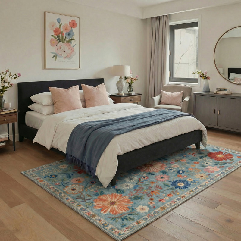 Acker Veridian Floral Machine Washable Blue / Red Indoor Area Rug with Non-Slip Backing, Runner 2'6" x 8'