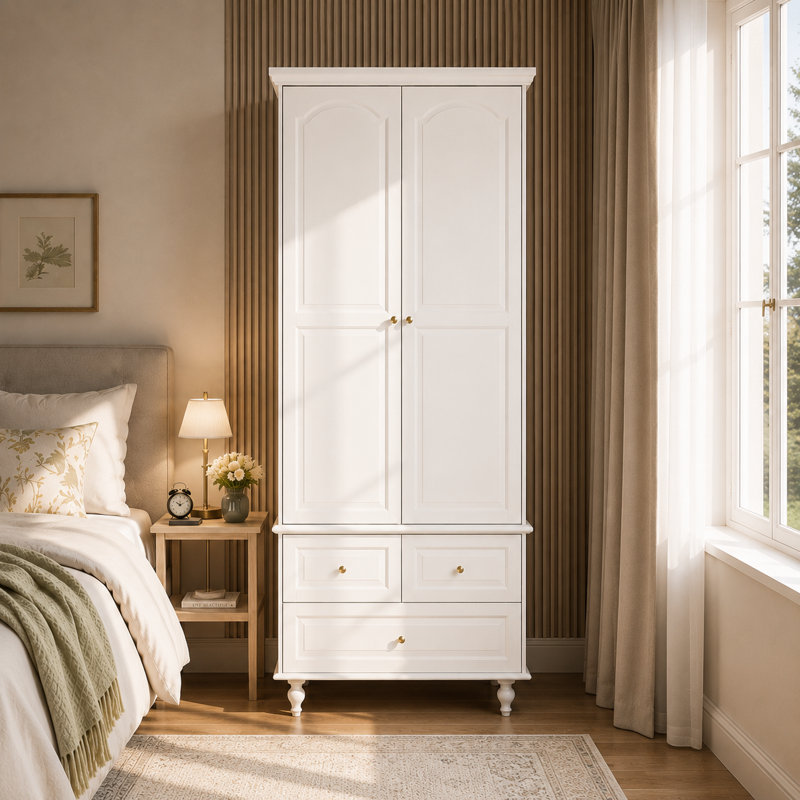 Talisha Freestanding Wooden Wardrobe Armoire with 3 Drawers, White