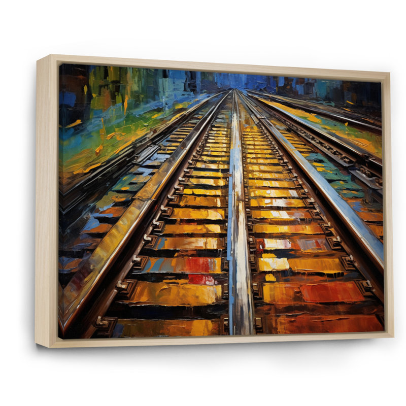 Orange Train Rails Track - Transportation Wall Art Living Room, H 30 po x l 40 po x P 1,5 po, Cadre naturel flottant