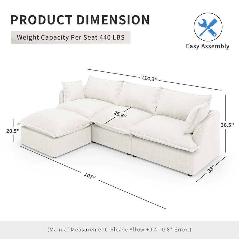Modular Sectional Couch Down Filled Sofa, Comfty Convertible Deep Seat Cloud Couch For Living Room, Detachable Washable Couches Cushion Covers