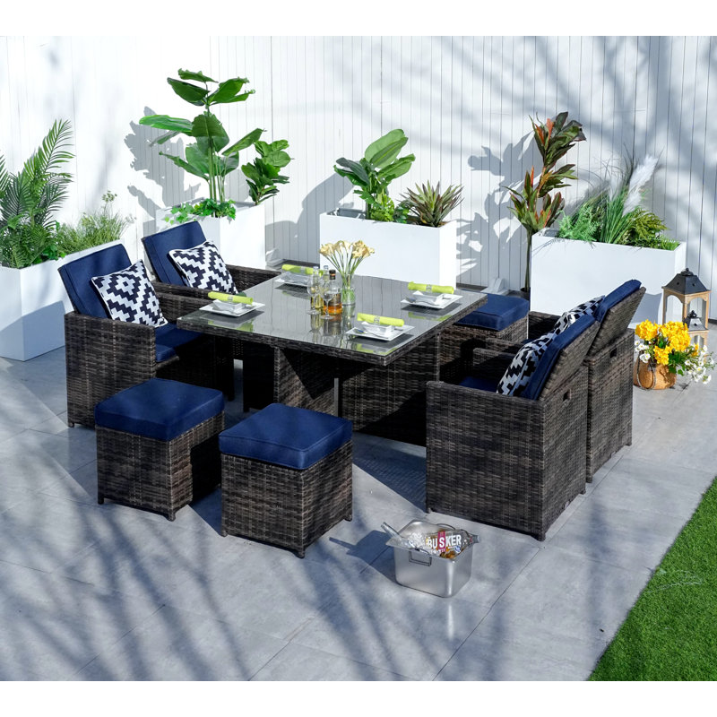 8 - Person Wicker Patio Dining Set with Square Table , Cushions Included, Brown, Navy