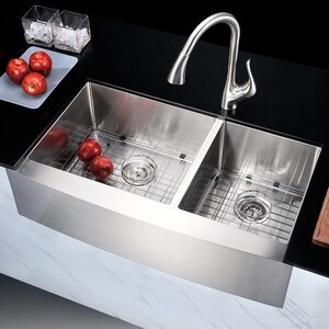 Elysian 35.88" L x 20.75" W Double Bowl Farmhouse Kitchen Sink with Drain Assembly