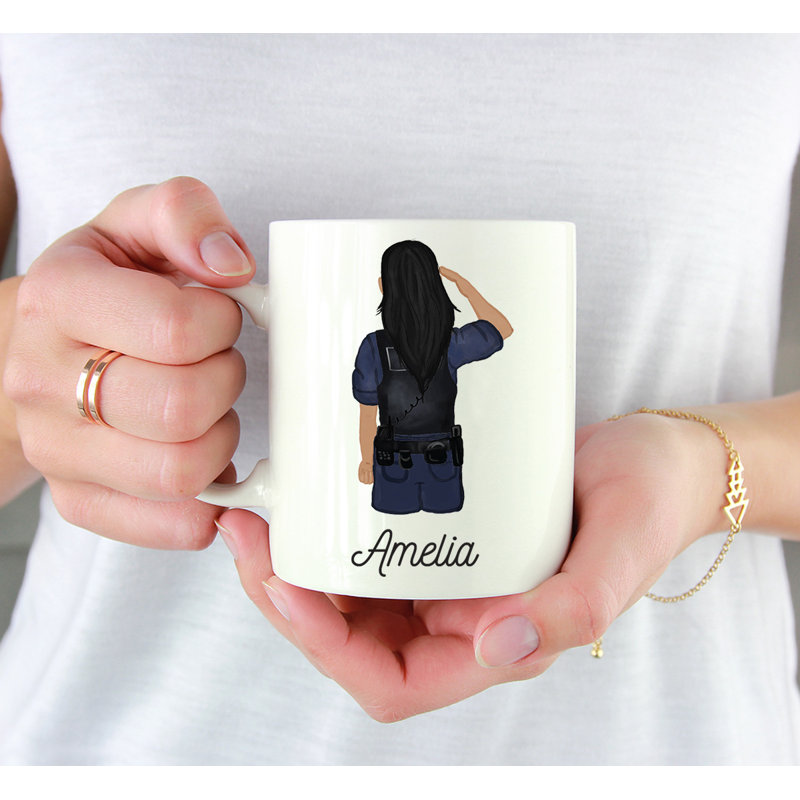 Tasse à café personnalisée, Jaune / noir, femme, agent de police 1, Oui