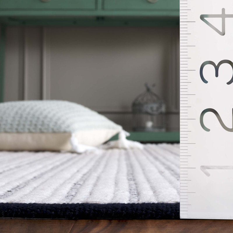 909 Hand Woven Cotton/Wool Striped Rug , Square 6', Navy/Ivory