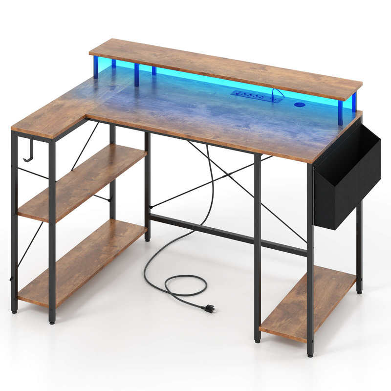 48" L-Shaped Gaming Desk with LED Lights & Power Outlets Storage Shelves Brown, Rustic Brown/Black