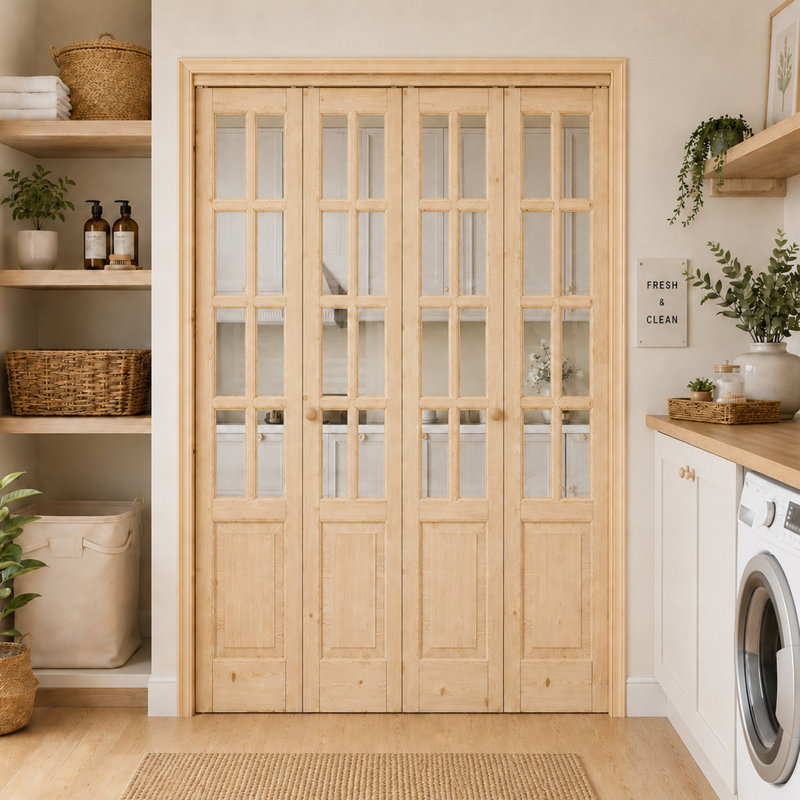 Porte double pliante 72 po x 80 po à 8 portes doubles en verre transparent et bois massif avec quincaillerie d'installation Surface non finie