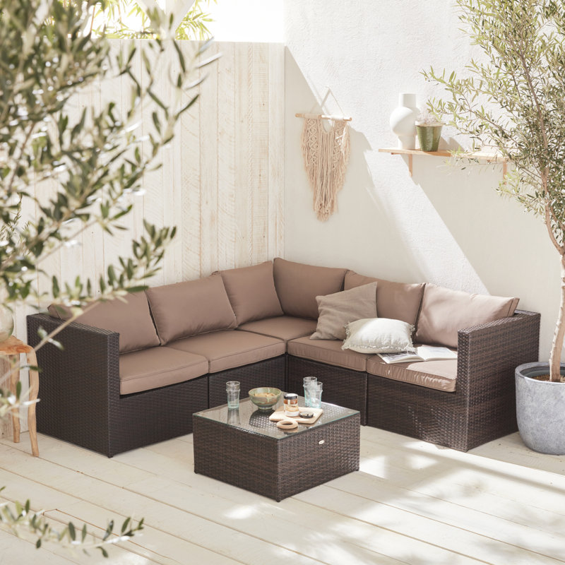 5-Seater Rattan Garden Furniture Sofa Set Table, Brown, Brown