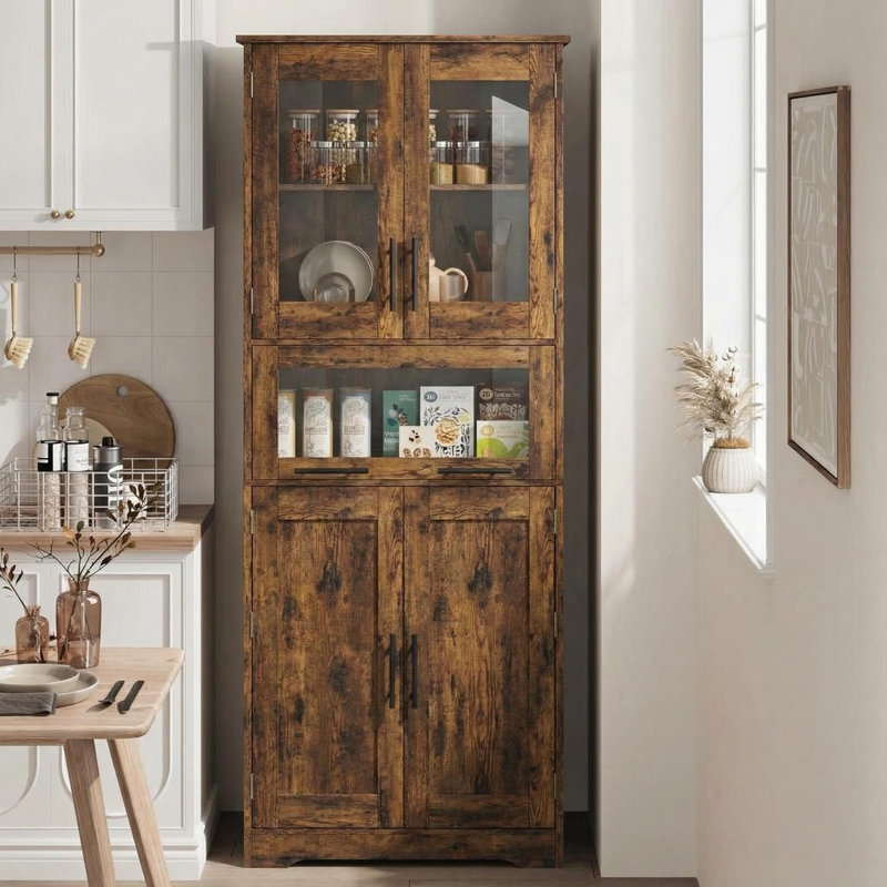 Grande armoire de rangement moderne moderne - double rangée de 67 po à 5 compartiments avec portes en verre et tablettes réglables, résistante à l'humidité et peu encombrante pour la salle de bain, la cuisine, la salle à manger et le salon.