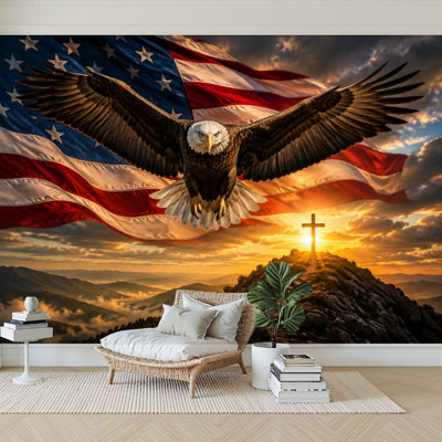 Wall Mural Peel and Stick Wallpaper Majestic Bald Eagle American Flag Glowing Sky Cross Self-Adhesive Removable Contact Paper Wall Decor for Living Room Bedroom 100"H x 144"W
