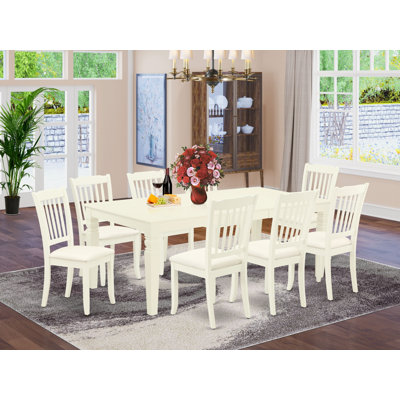 9 Piece Dining Table Set Includes a Rectangle Dinner Table with Butterfly Leaf and 8 Linen Fabric Dining Room Chairs, Linen White